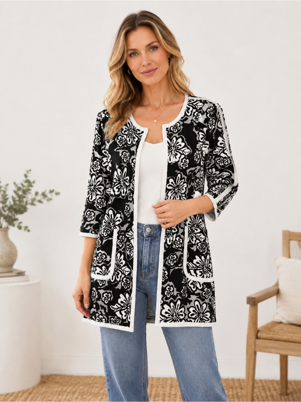 Misook Open Front Jacket Cardigan - Black & White Floral Knit - Preloved